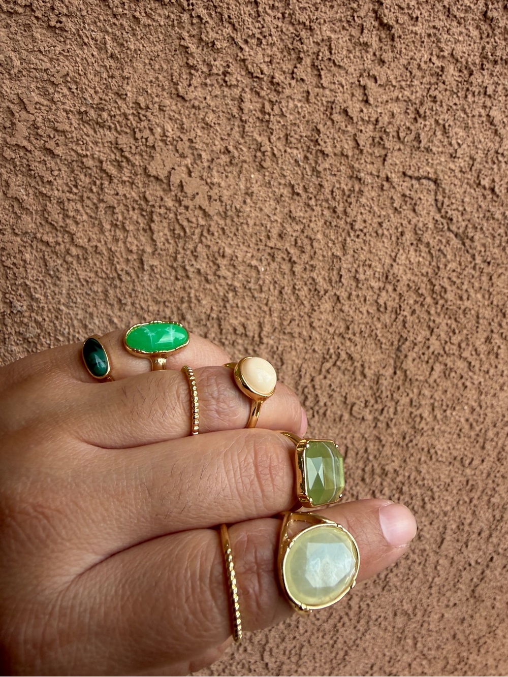 7 Gold Stackable Rings - Green and Cream - Picture 2 of 4